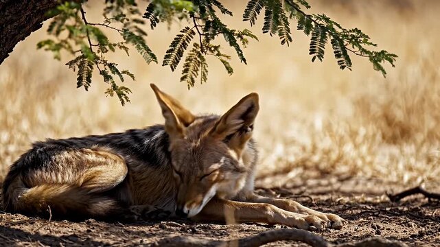 Wild Jackal Resting Under Tree Shade - A wild jackal is peacefully resting under the shade of a tree, surrounded by a dry and arid landscape.