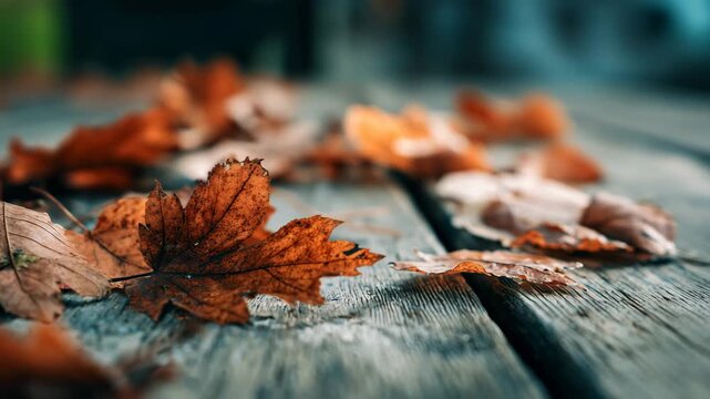 4K Vibrant autumn leaves scattered on rustic weathered wooden planks, closeup with shallow depth of field, natural fall season background video