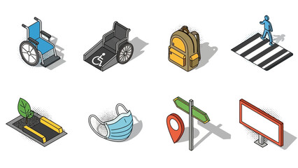 Isometric icons of accessibility and navigation: wheelchair, ramp, mask, signage, and more