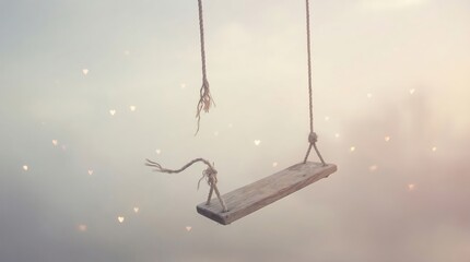 Vintage wooden swing hanging in misty atmosphere with heart lights