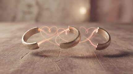 Broken wedding rings with glowing heart shaped sparks