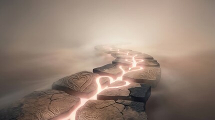 Glowing heart pathway through misty landscape