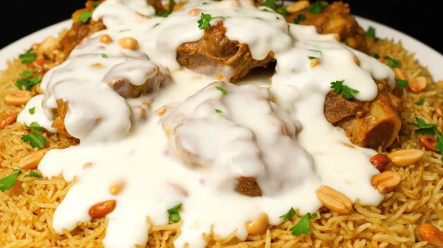 Kabsa Platter with Rice, Roasted Meat, and Peanut Topping Served on White Plate Drizzled with White Creamy Sauce on