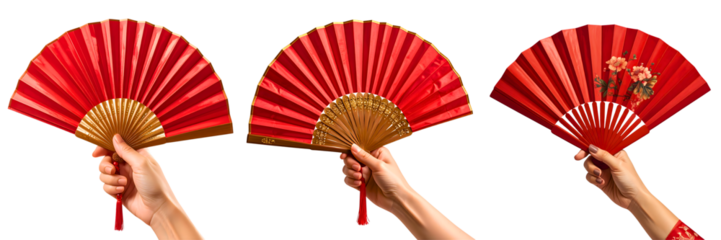 PNG Hand holding traditional red fan for chinese new year, element set on transparent background 