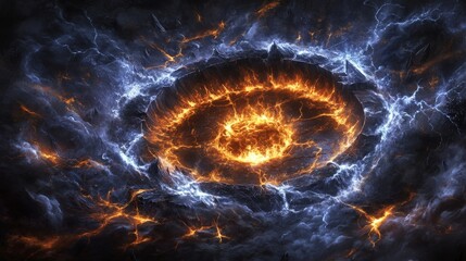 A fiery explosion in space with a blue and orange sky. The explosion is surrounded by a dark blue sky with a few clouds