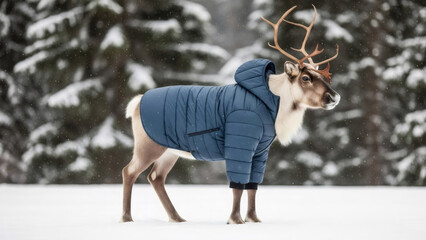 Reindeer wearing a blue winter jacket in snowy forest. Funny Christmas animal photo