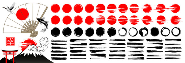 Mega set of Red Sun Symbols and Japanese Brush Circles. Grunge Calligraphy Stamps, Zen-Inspired Round Shapes, Korean or Chinese Style Elements, Set of black Asian Ink brushes, Blobs and Textures.