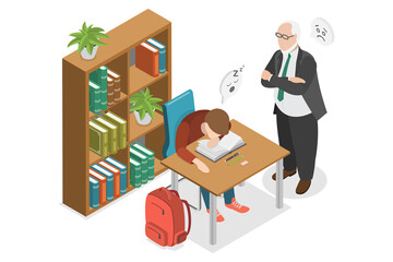 3D Isometric Flat  Illustration of Tired Student, Mental Strain