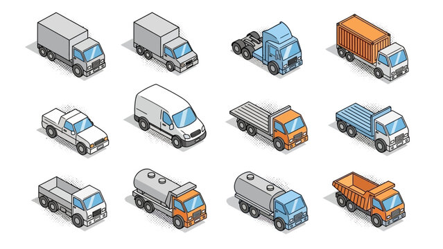 Isometric transportation vehicles collection with trucks, vans, and more