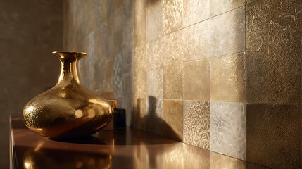 Luxurious gold vase on a reflective surface against a textured tiled wall with natural light casting shadows with luxury and decorative and elegant