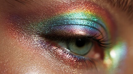 Close up of a womans eye with vibrant rainbow eyeshadow and shimmery makeup in a beauty and cosmetics concept with colorful and luxury and unique