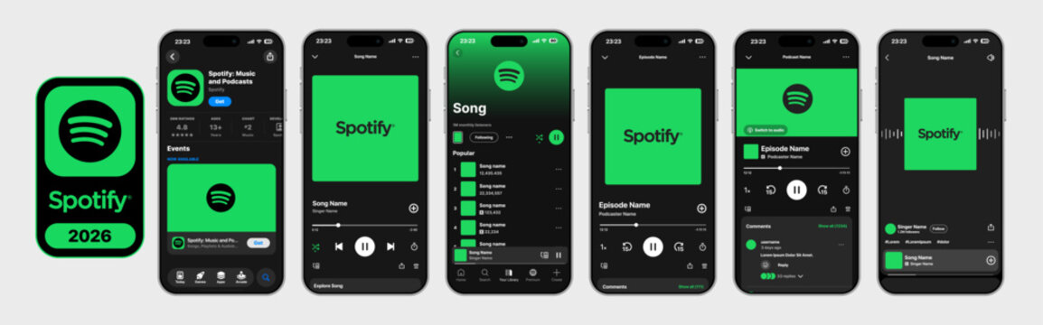 Spotify 2026 music and podcast player interface showing playback screens playlists albums episodes and App Store download pages
