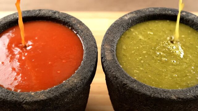 Pouring Red and Green Salsa into Molcajete Bowls on Wooden Background Close-Up for Culinary Promotions and Mexican Food