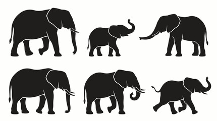 Elephant Silhouette Vector Set with Standing, Walking, and Calf Poses for Wildlife Decor, Educational Charts, and Animal-Themed Branding