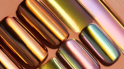 Luxury metallic capsules with iridescent sheen arranged in a visually appealing composition on a warm background with arrangement and close up