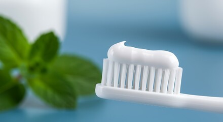 Closeup of a clean white toothbrush with mint toothpaste and blurred green leaves promoting fresh oral care