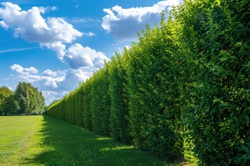 Lush green hedge provides privacy and beauty in a landscaped garden under a summer sky