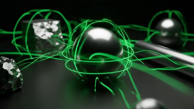 Metallic objects are connected by glowing green energy lines. Abstract digital art depicts a complex network of energy.