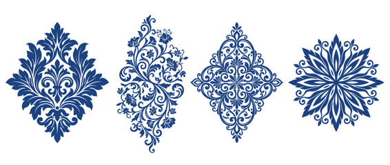 Damask graphic vector elements collection with elegant ornamental patterns for luxury backgrounds, wallpapers, textile design, packaging, invitations, branding, classic decor and sophisticated graphic © Raxzen