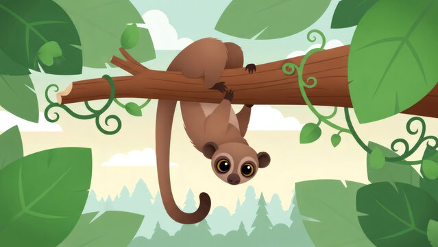 Cute aye-aye climbing on tree branch in jungle. Tropical savanna as an animated scene for kids education or book illustration.