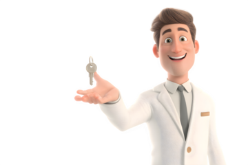 Happy 3D cartoon man in a white suit presenting a key with a cheerful smile