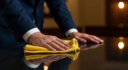 Professional man in a smart suit meticulously wiping a dark reflective table surface with a yellow cloth