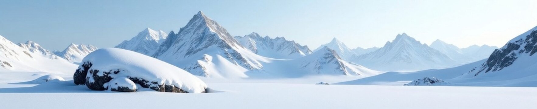 Snowy peaks loom over a smooth flat rock, pristine winter scene , flat rock, snow-covered peaks, image