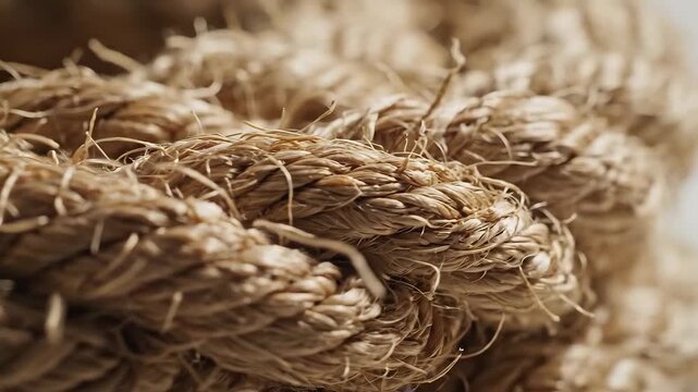 Closeup of natural fiber rope texture showing intricate details and rough surface.