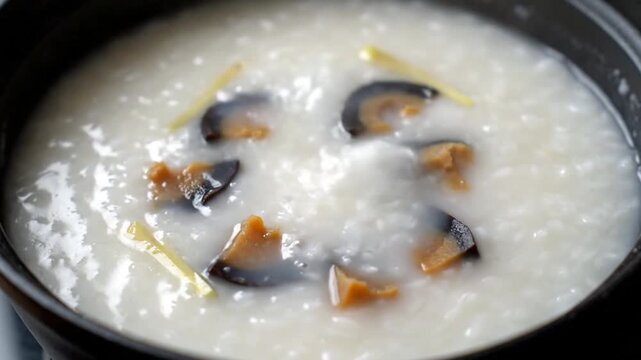 Savory Congee Delights: Creamy Rice Porridge with Preserved Duck Eggs and Ginger Garnish Close Up in Rustic Black Bowl
