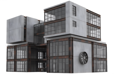 Modern modular building architecture with concrete blocks steel frame and large ventilation fan