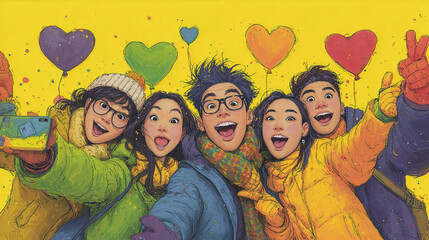 A cheerful group of diverse friends taking selfies while holding heart-shaped balloons.