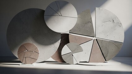 Abstract geometric composition of concrete circles and slices, minimalist, studio lighting