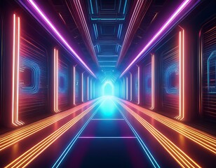 sci fi neon laser beams in futuristic hallway generative ai