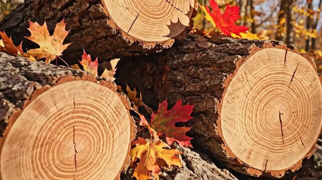 Freshly Cut Tree Logs in Autumn Forest with Colorful Leaves.