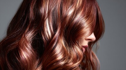 Luxurious wavy hair with highlights on a young woman's head closeup portrait photography with luxury hair and hair highlights and beauty and fashion