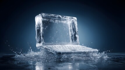 Frozen laptop completely encased in block of ice with splashing water, computer freeze technology problem and data cold storage concept