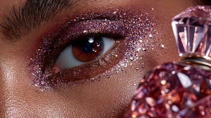 Close up of woman's eye with purple glitter eyeshadow and pink perfume bottle with luxury cosmetics and beauty products and makeup close up and fashion photography