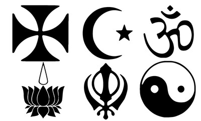 Collection of diverse religious symbols including Christianity Islam Hinduism Buddhism Sikhism and Taoism presented as simple black vector icons on a white background for conceptual use
