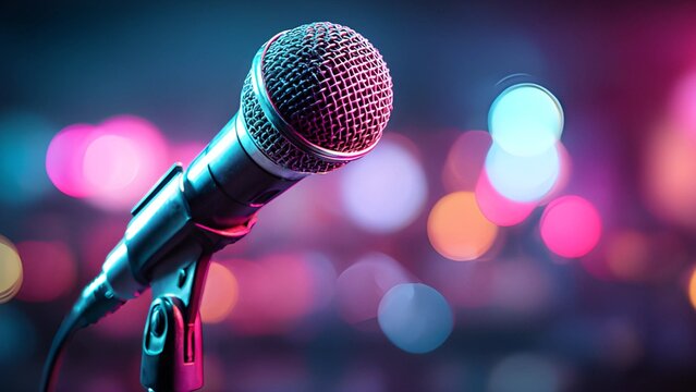 Mic on stage radio station background on bokeh blurred  background. Neon lit sing microphone for concert and Karaoke night. Microphone music stand emcee background silhouette