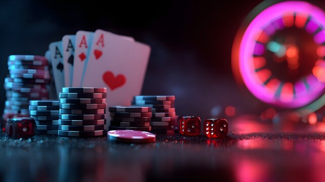 Casino composition with poker chips playing cards dice and roulette wheel, neon lights and bokeh glowing gambling background