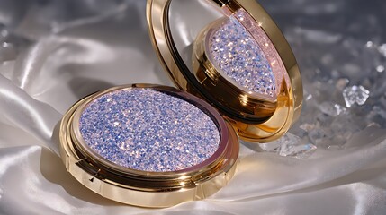 Luxurious gold compact powder case with shimmering purple eyeshadow on satin fabric background with elegant lighting and soft shadows with luxury cosmetics
