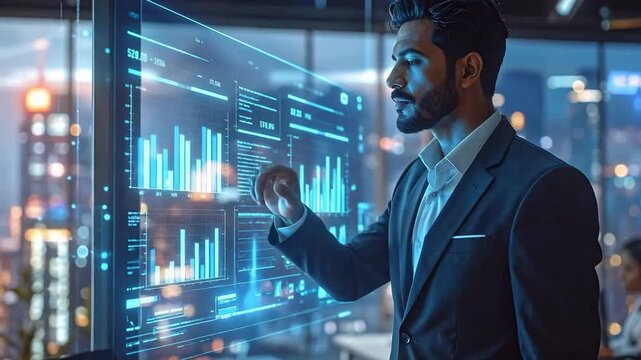 Businessman Interacting with Futuristic Transparent Display in Modern Office.