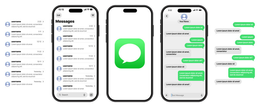 iMessage Mobile Messaging App UI Mockup Showing Inbox Message List Green Chat Bubbles Conversation Thread Text Input Keyboard iOS Style Smartphone Screens and Clean Communication Layout
