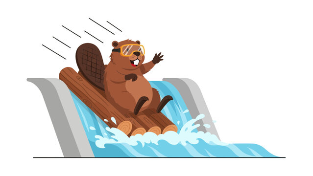 Happy Beaver Riding Log Flume Amusement Park Having Fun Water Splash Adventure