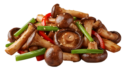 Stir-fried assorted mushrooms with red bell peppers green onions and sesame seeds isolated on transparent background