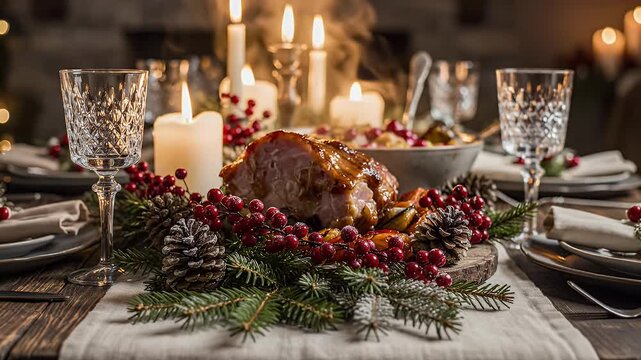 Elegant Holiday Dinner Table Setting - A beautifully set holiday dinner table features a glazed ham centerpiece adorned with pinecones, red berries, and evergreen branches.