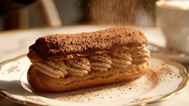 Delicious Chocolate Eclair Pastry - An eclair pastry filled with cream is being sprinkled with cocoa powder, served on a decorative white plate.
