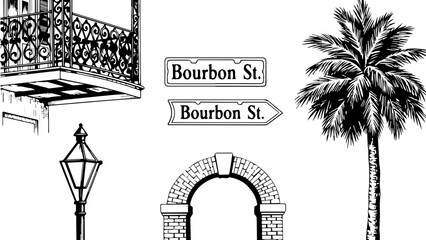 Bourbon street signs and landmarks isolated on white background, Vector