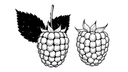 Black and white raspberry illustration isolated on white background, Vector