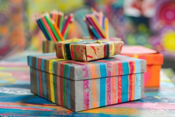 Two colorful gift boxes and a cup of pencils sit on a brightly painted table, ready for a creative project or celebration